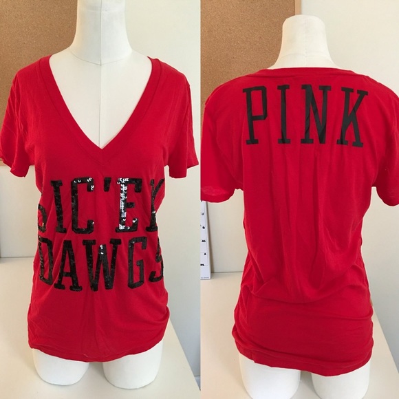 VS Pink UGA "sic em dawgs" glitter vneck