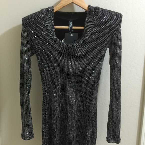 Brian Lichtenberg Silver Hooded Glitter Dress Sz:S