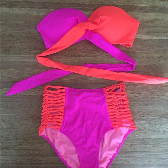 PINK high-waisted bikini set. Neon pink and orange