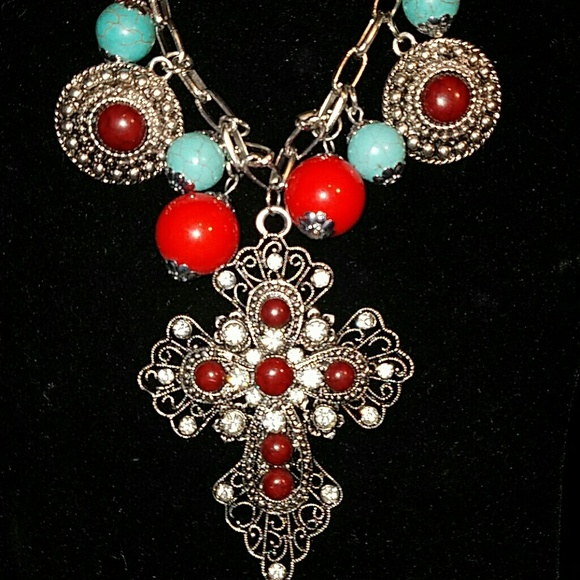 Red & green turquoise cross necklace & earrings