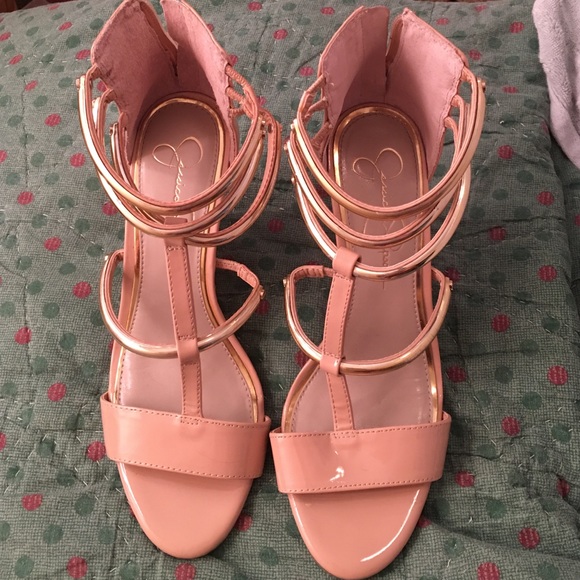 Jessica Simpson nude & gold wedges