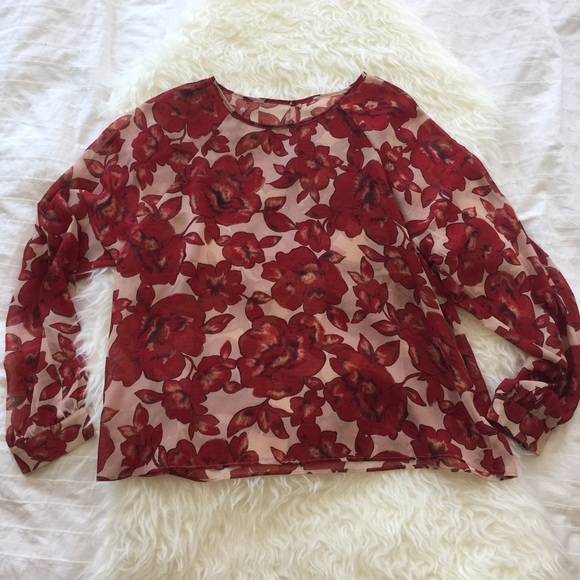 Red floral sheer long sleeve top