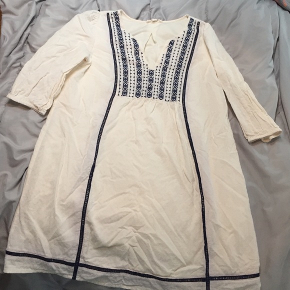 Cream dress with navy embroidery, size small