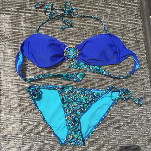 Blue and green two-piece bikini