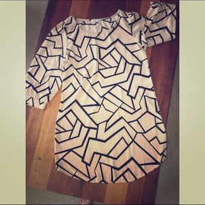 Tan and black dress in geometric print