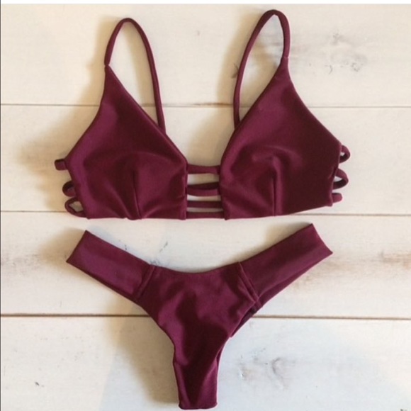 Maroon two piece strappy bodycon swimsuit bikini