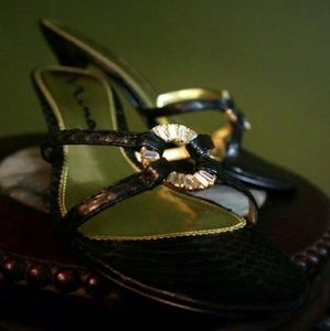 Nina Black Leather Low Heel Slip On Sandals