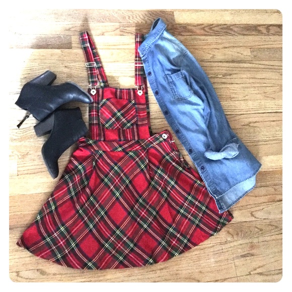 Red Plaid Overall Dress