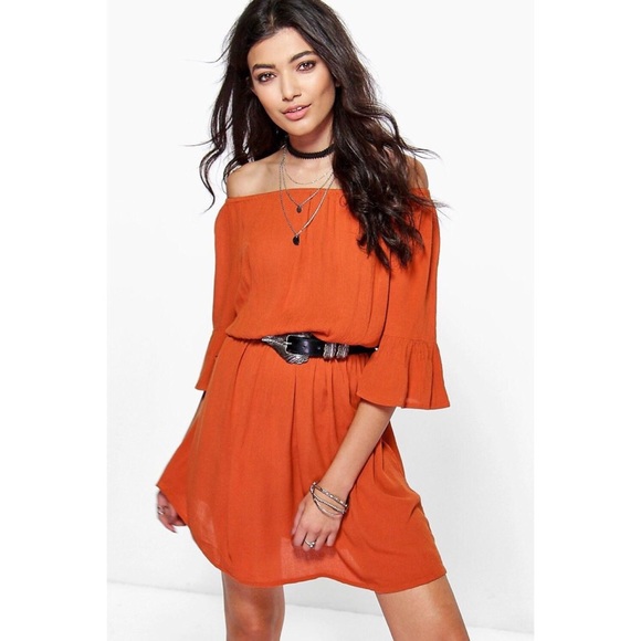 Off-the-Shoulder flowy rust colored dress