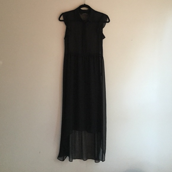 High low chiffon black button down