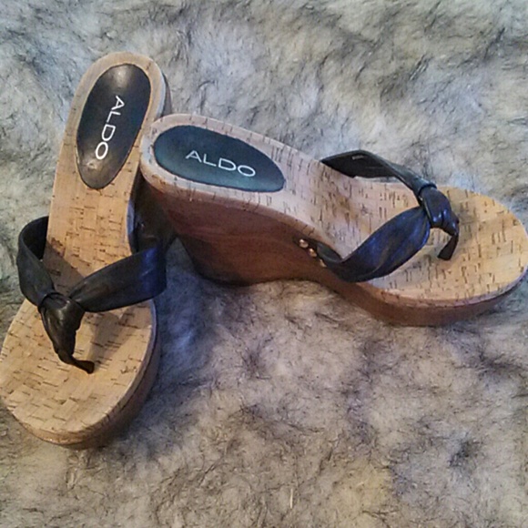 Aldo black leather strap wedges