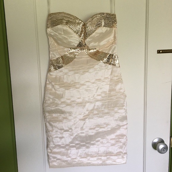 Foreign Exchange Cream and Gold Strapless Dress