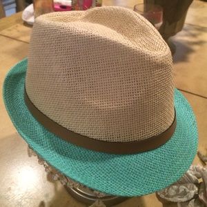 Ivory brown & turquiose Fedora Straw Hat