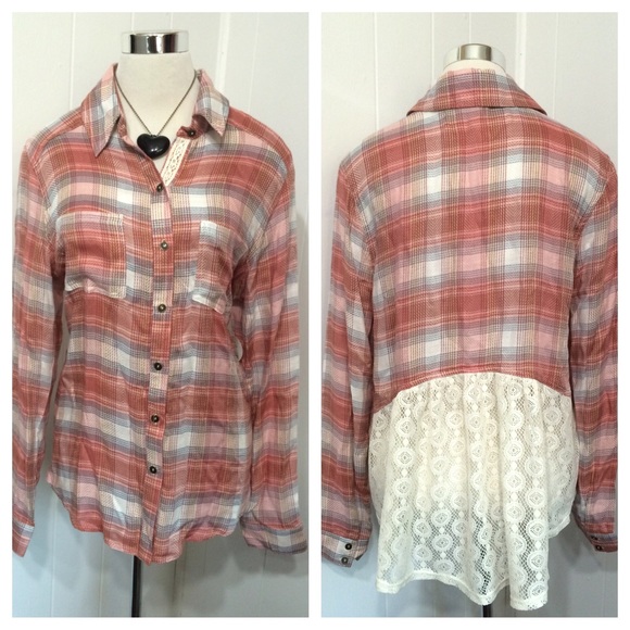 Cozy Pink Plaid & Lace Camp Shirt Button Up XL - Picture 2 of 4
