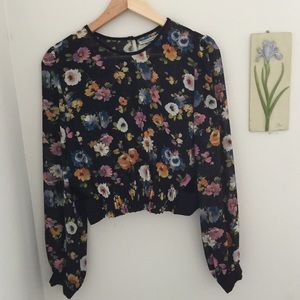 See Thru Black Floral Long Sleeve Crop Tops SZ S