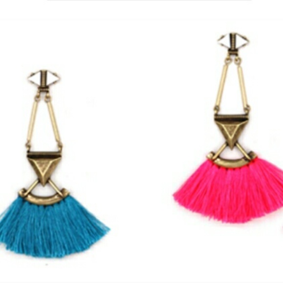 Hot Pink or Bright Blue - Fan Fringe Earrings - Picture 2 of 3