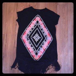 Black, bohemian print Tshirt dress with tassels
