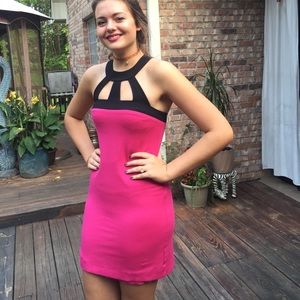 Fitted Pink Dress with Black Cutout Top