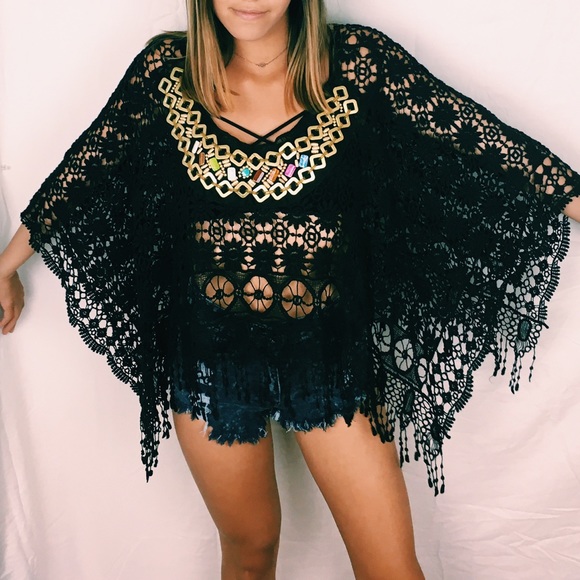 Black Crochet Poncho with Gold Embellishments