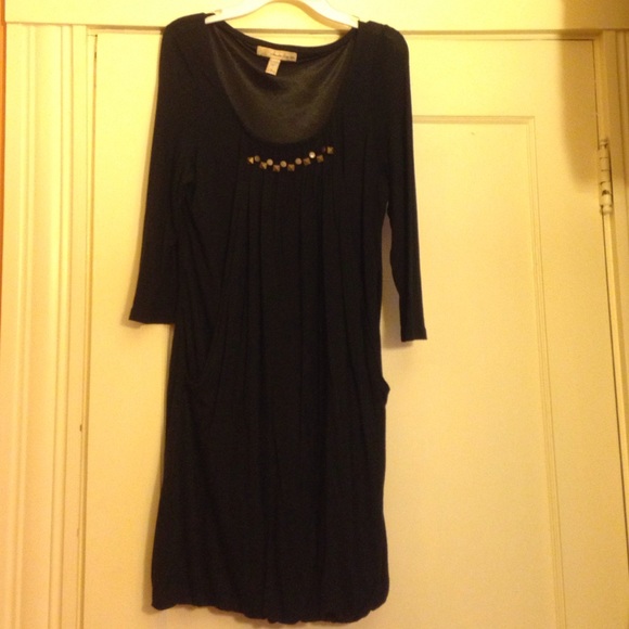 Black dress with matte gold beading on neckline