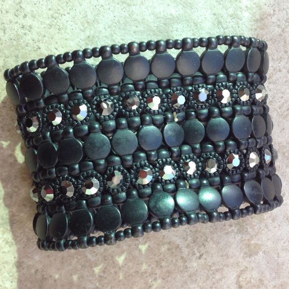 Multilayer black and crystal stretch cuff bracelet