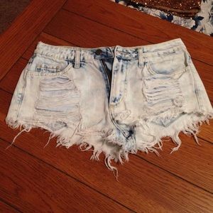 Frayed, acid wash denim shorts