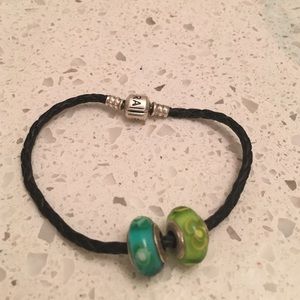 Pandora Leather Rope Bracelet + 2 Beads
