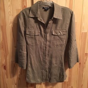 Army green linen fitted button down shirt