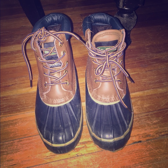 Navy and brown duck boots