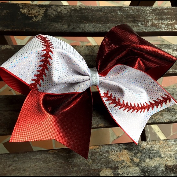 Red and white baseball cheer bow