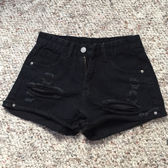 New black distressed high waisted jean shorts