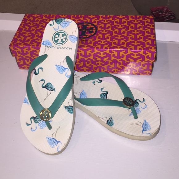 Tory Burch "veridian green flamingo" flip flops