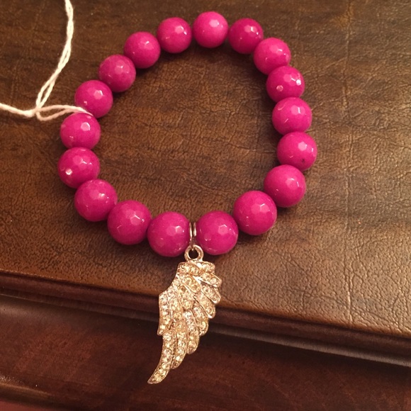 Pink semiprecious bling angel wing charm bracelet