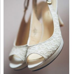 Nine West White Cream Lace Peep Toe Wedge Heel