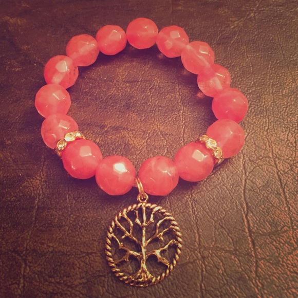 Coral stretch beaded tree of life charm bracelet