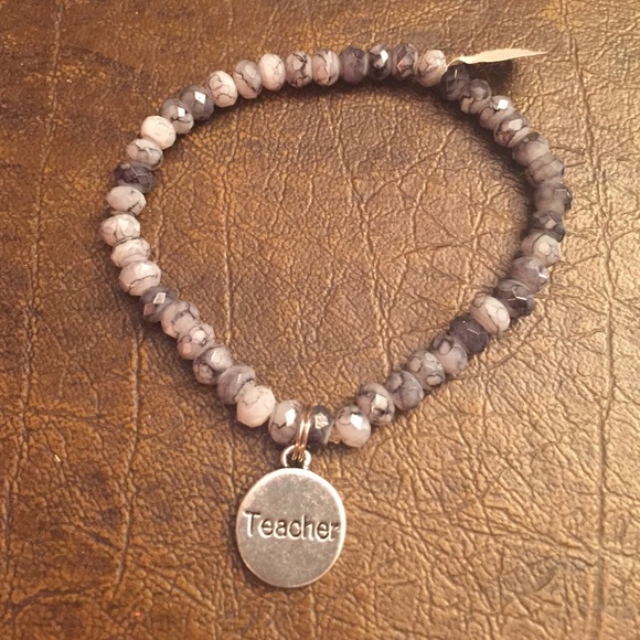 Grey glass crystal teacher charm stretch bracelet