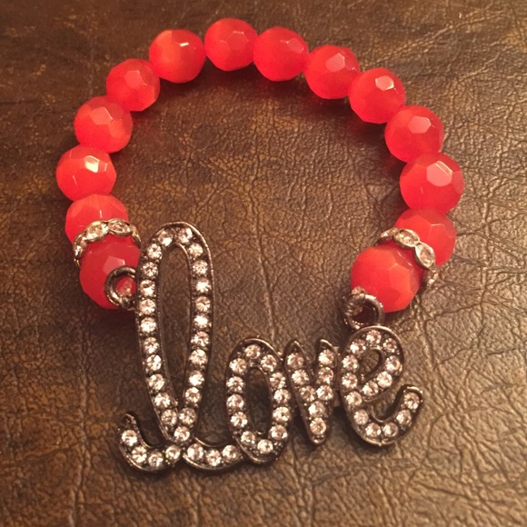 Red glass crystal beaded rhinestone LOVE bracelet