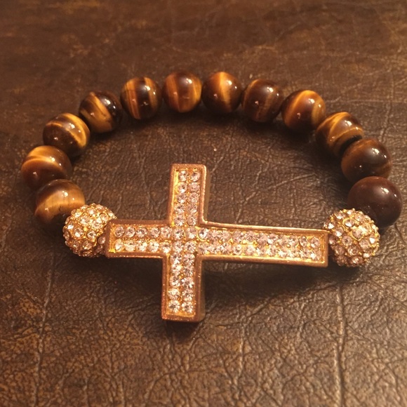 Tiger eye stretch gold rhinestone cross bracelet