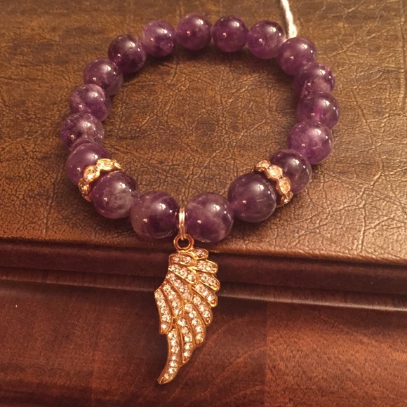 Amethyst beaded gold bling angel wing bracelet