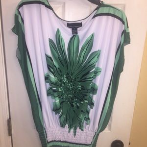 Dressy blouse. Green, white, & black.