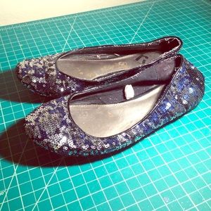 Silver, Blue, and Black Sequin Flats