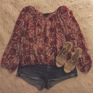 Like New Red Floral Peasant Blouse