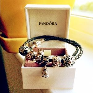 Pandora Leather Bracelet and 6 silver charms