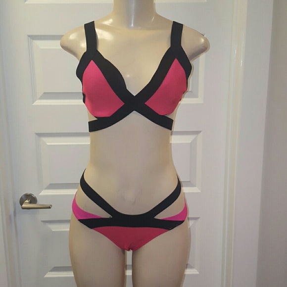 Pink Black Orange Colorblock Neon Bandage Swimsuit - Picture 3 of 3