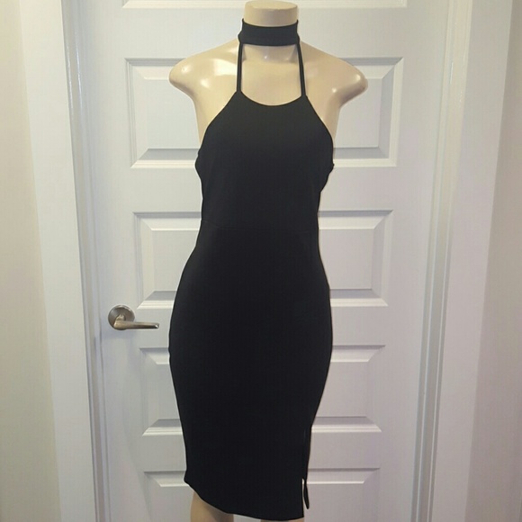 Black halter midi dress with choker & front split - Picture 2 of 3