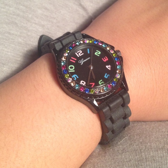 Geneva black and multicolored rhinestone watch!
