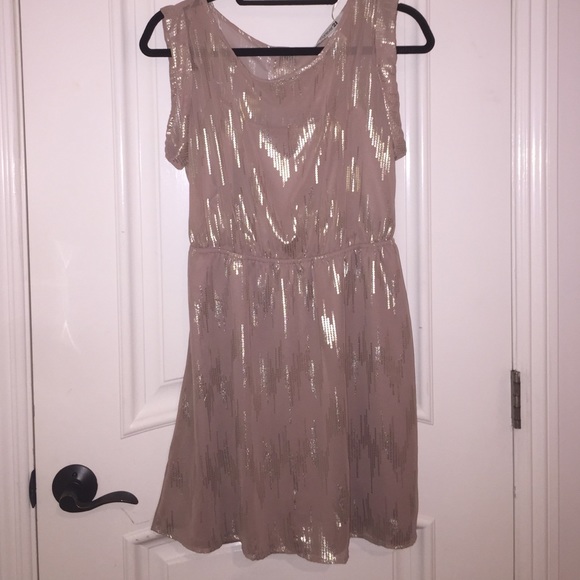 Tan and gold print dress
