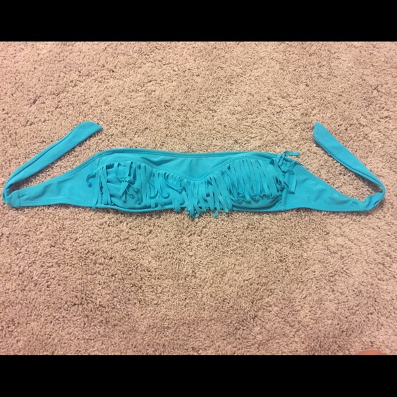 Blue fringe strapless swim top