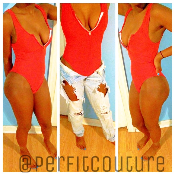 Red zipper body suit