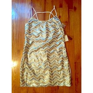 NWT white, sequined, open-back cocktail dress